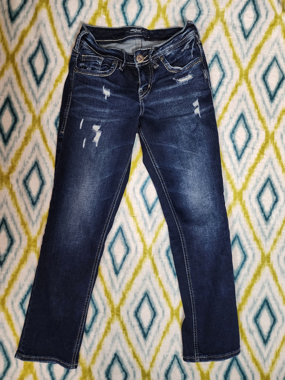 Silver Jeans Dark Blue Straight Leg Jeans with Distressed Accents